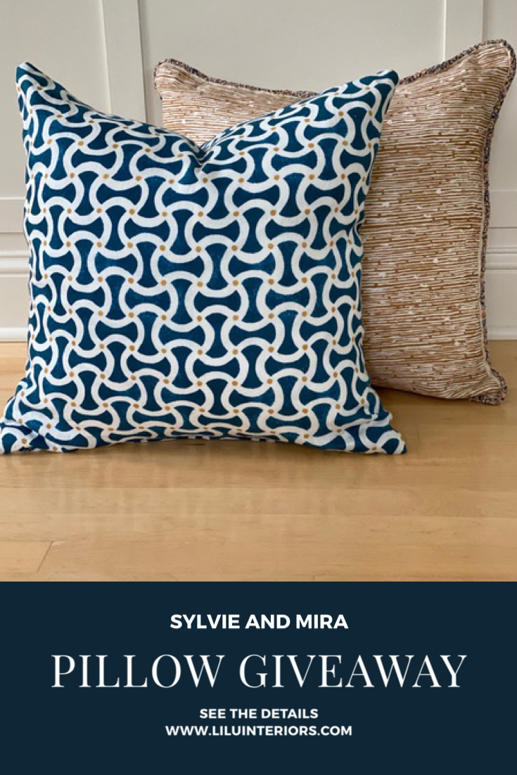 Sylvie and Mira Pillow Giveway Update your home for fall with these Blue and Gold pillows and see more interior design inspiration CLICK THROUGH TO ENTER #homeaccessories #homedesign #giveaway #interiordesign #blue #gold #navyblue #pillowgiveaway #homedecor #interiordesigners #interiordecorating #livingroomdecor #livingroomdesign