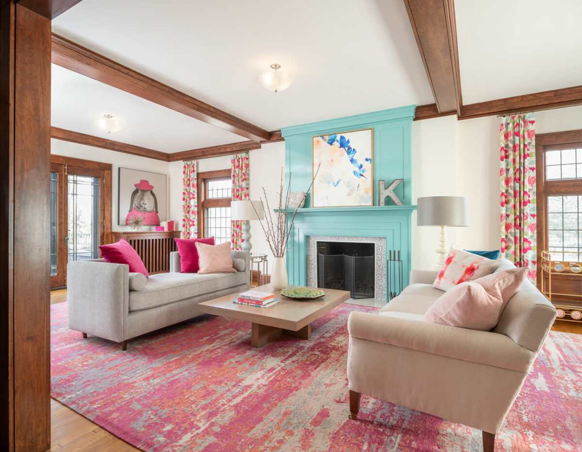 Colorful, family-focused living room design by LiLu Interiors in Minneapolis