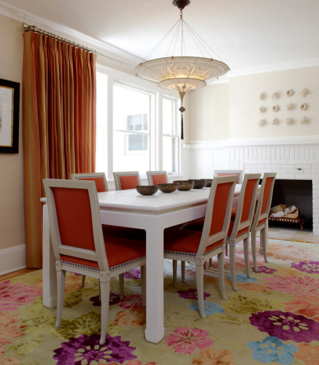 Dining room with whimsical touches in an Edina home designed by LiLu Interiors