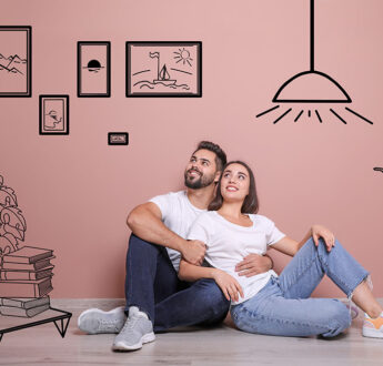 Happy Couple Dreaming About Renovation On Floor. Illustrated Int