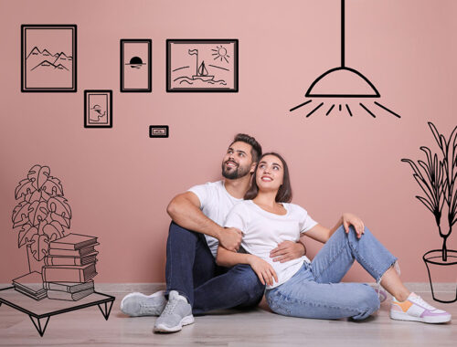 Happy Couple Dreaming About Renovation On Floor. Illustrated Int